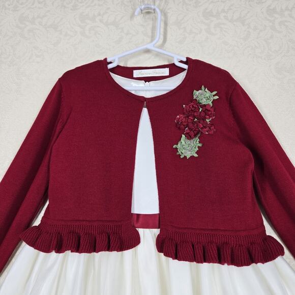 American Princess Dress Cardigan Set sz 7 White Red Green Holiday Ribbon Accents - Picture 2 of 15